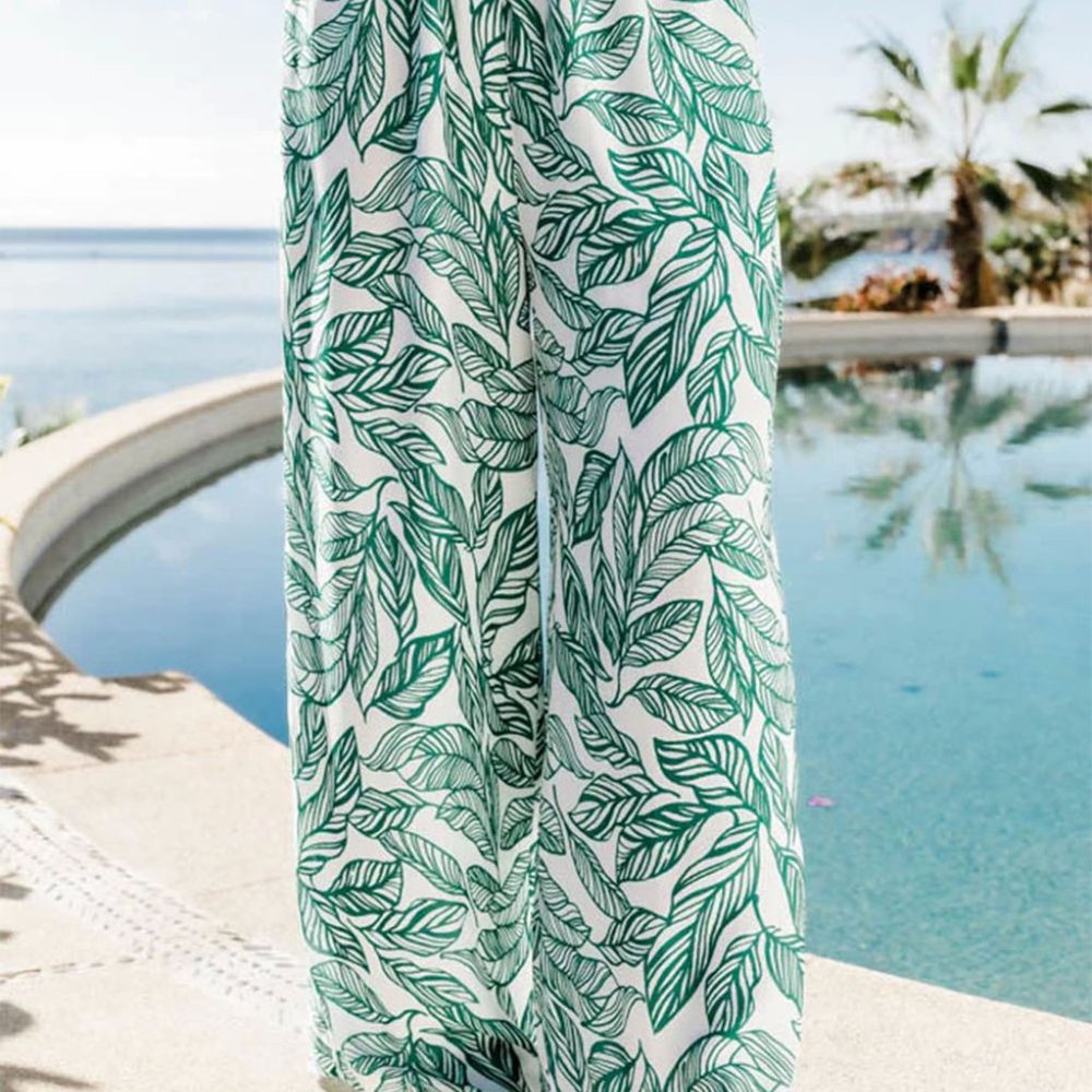 Green Tropical Print Spaghetti Strap Wide Leg Two Piece Pants Set - Picture 5 of 12